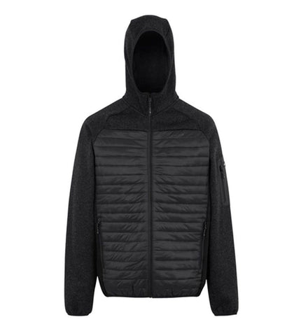 Regatta Newhill Hybrid men's sport jacket for outdoor activities, shown in a close-up of the black and gray design.