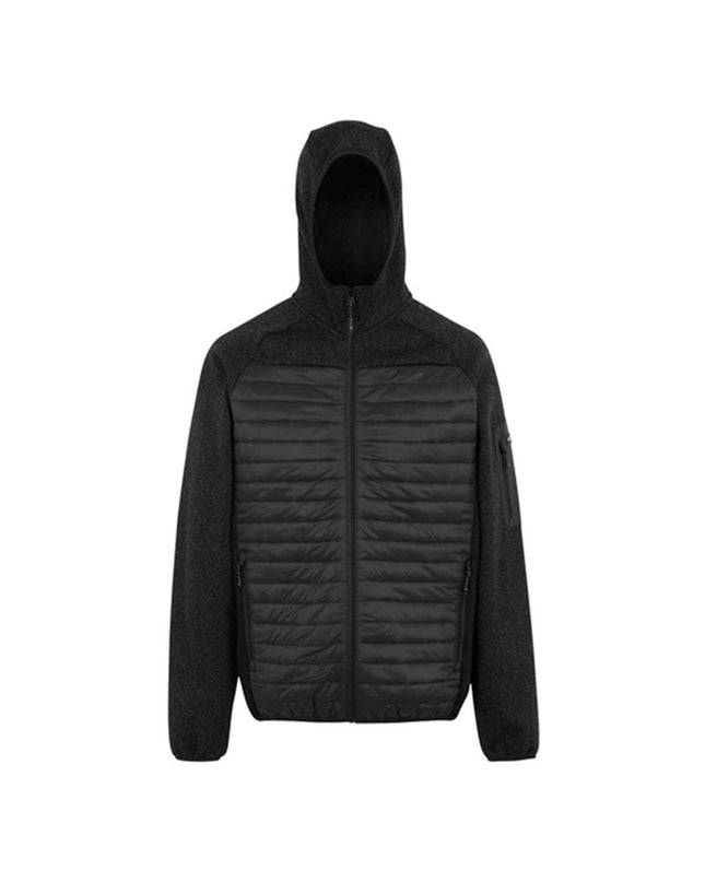 Regatta Newhill Hybrid men's sport jacket for outdoor activities, shown in a close-up of the black and gray design.