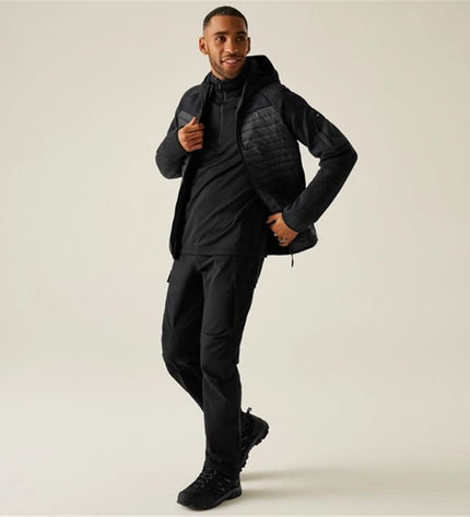 Regatta Newhill Hybrid men's sport outdoor jacket, suitable for hiking and camping, in black with a zip front and adjustable hood.