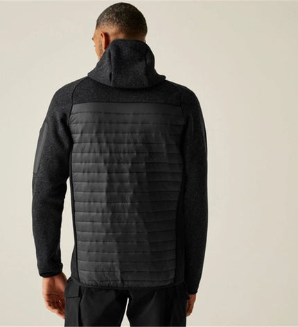 Men's Regatta Newhill Hybrid Sport Jacket, outdoor and hiking gear, shown in black with a zip front and adjustable hood.