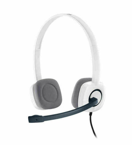 White Logitech gaming headset with microphone, plug-and-play design for consoles, featuring comfortable ear cups and adjustable headband.