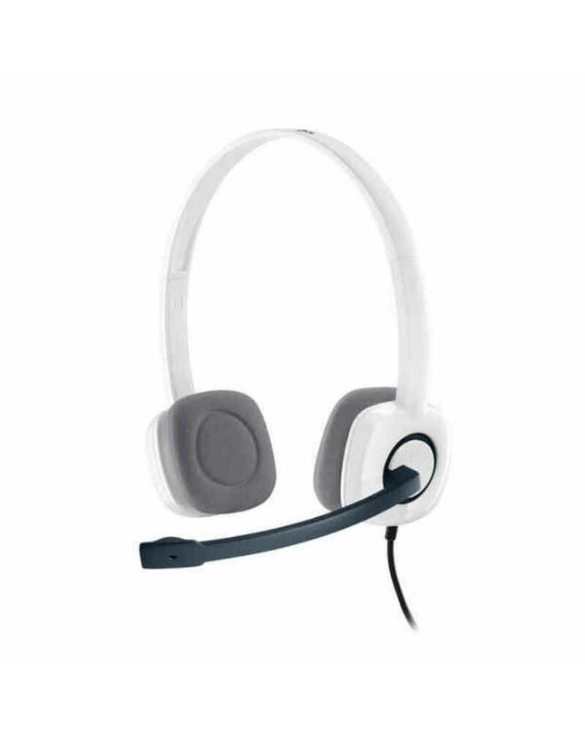 White Logitech gaming headset with microphone, plug-and-play design for consoles, featuring comfortable ear cups and adjustable headband.