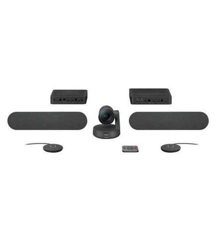 Logitech Videoconferentiesysteem with camera and microphone setup for professional video calls.