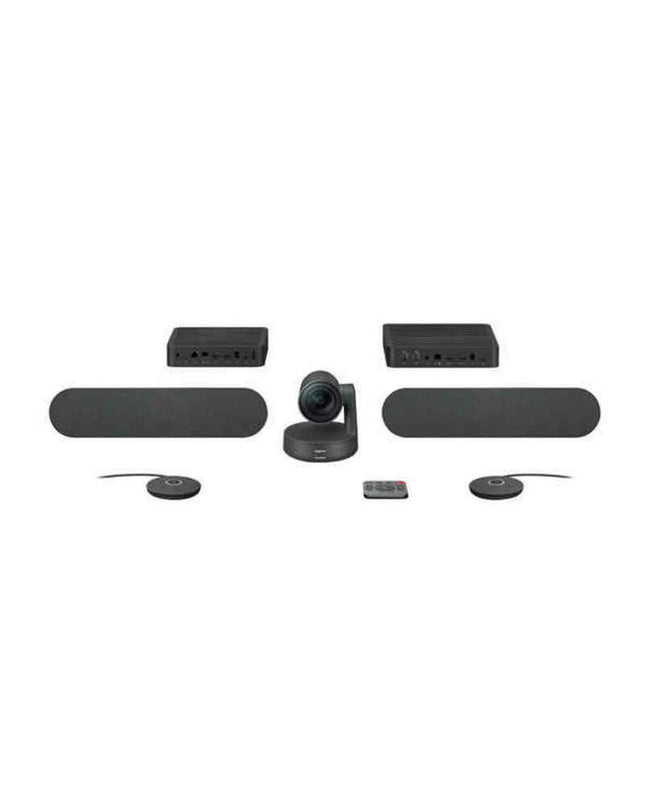 Logitech Videoconferentiesysteem with camera and microphone setup for professional video calls.