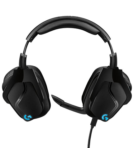 Logitech gaming headset with microphone, electronic plug-and-play design for consoles, featuring adjustable headband and cushioned ear cups.