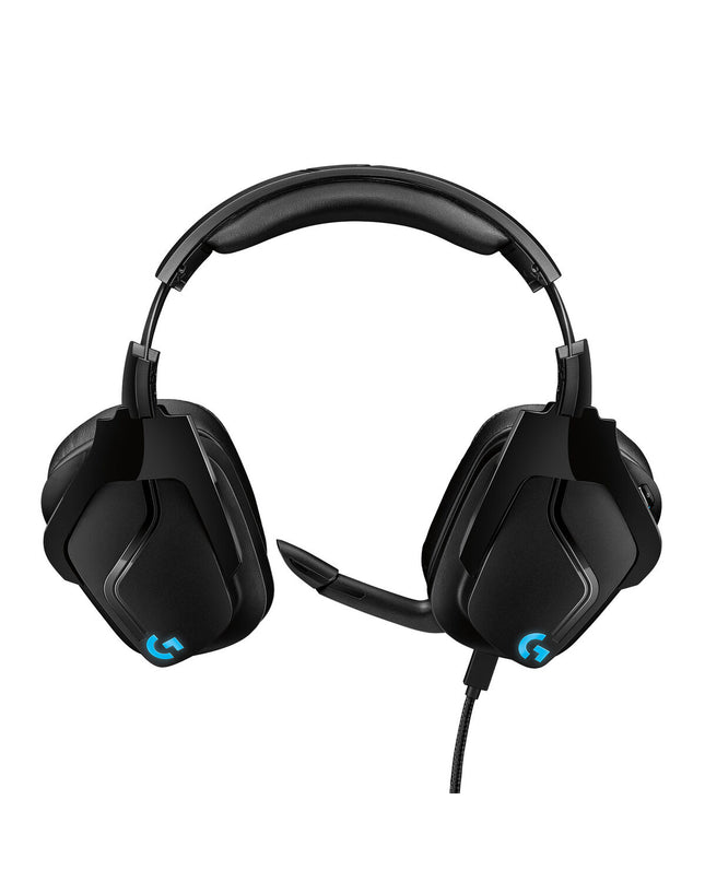 Logitech gaming headset with microphone, electronic plug-and-play design for consoles, featuring adjustable headband and cushioned ear cups.