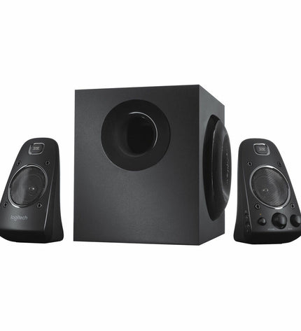 Logitech Z623 black 200W/400W audio speakers with subwoofer and control knobs, designed for high-quality home audio.