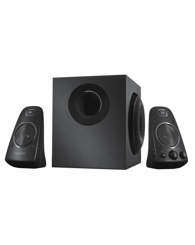 Logitech Z623 black 200W/400W audio speakers with subwoofer and control knobs, designed for high-quality home audio.