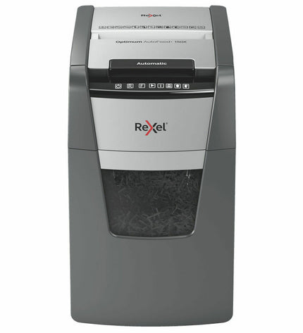 Rexel Optimum AutoFeed 150X paper shredder for office use, showing the shredder with paper feed tray and control panel.