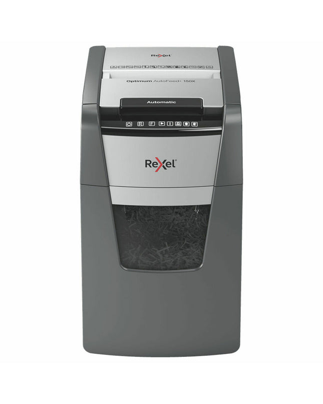 Rexel Optimum AutoFeed 150X paper shredder for office use, showing the shredder with paper feed tray and control panel.