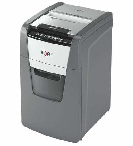 Rexel Optimum AutoFeed 150X paper shredder for office use, showing shredding slot and control panel.