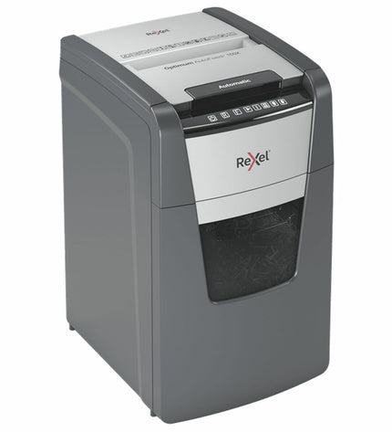 Rexel Optimum AutoFeed 150X paper shredder for office use, showing paper feed and control panel in a professional workspace.