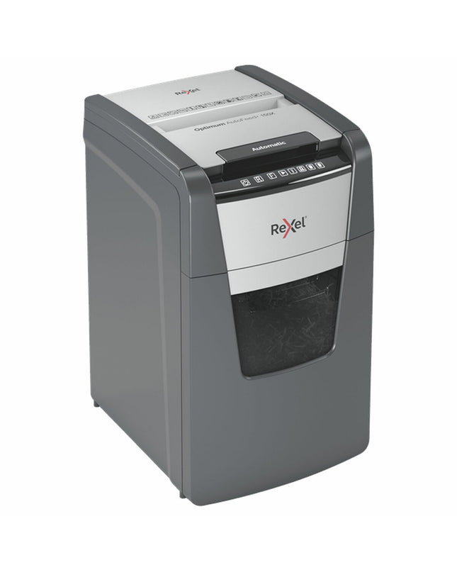 Rexel Optimum AutoFeed 150X paper shredder for office use, showing paper feed and control panel in a professional workspace.