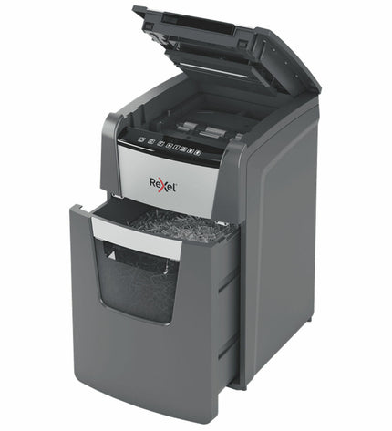 Rexel Optimum AutoFeed 150X paper shredder for office use, showing the shredder's top with paper feed slot and control buttons.