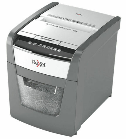 Rexel Optimum AutoFeed 50X paper shredder with 20-liter waste bin, ideal for office documents and secure shredding.