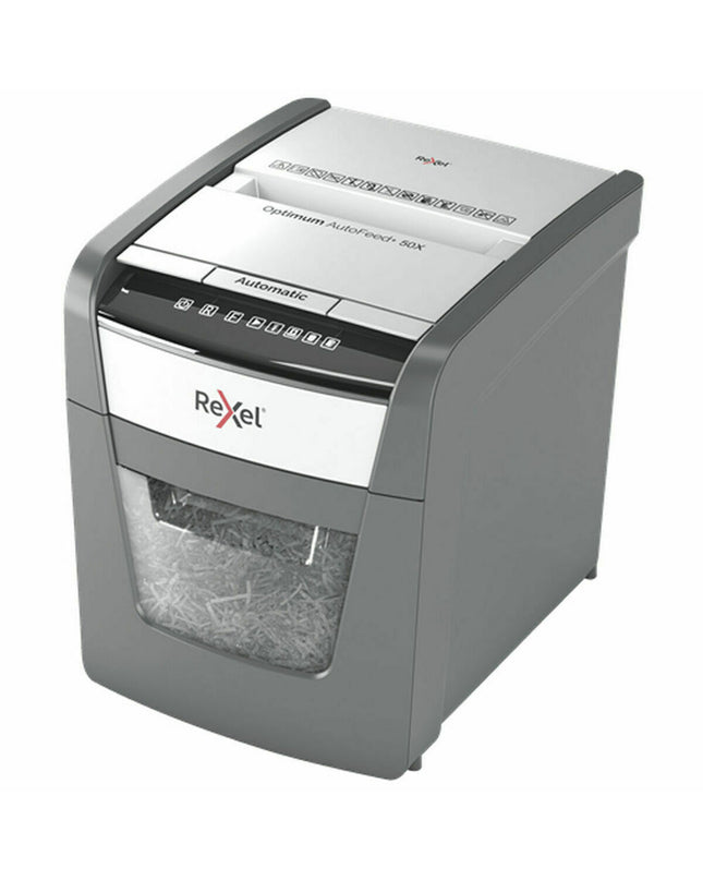 Rexel Optimum AutoFeed 50X paper shredder with 20-liter waste bin, ideal for office documents and secure shredding.