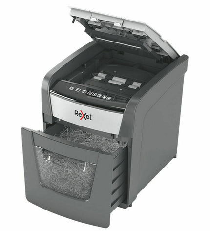 Rexel Optimum AutoFeed 50X paper shredder for office use with 20-liter waste bin, suitable for shredding documents and office papers.