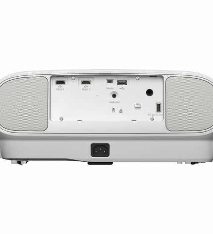 Epson projector V11H961040 for home theater, displaying colorful image on a blank wall in a living room setting.