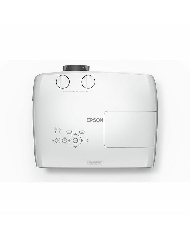 Epson projector V11H961040 displaying a vibrant home theater image on a wall in a modern living room setting.