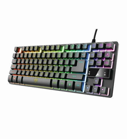 Black Trust 24067 keyboard for plug and play gaming consoles, featuring a compact design and easy connection.