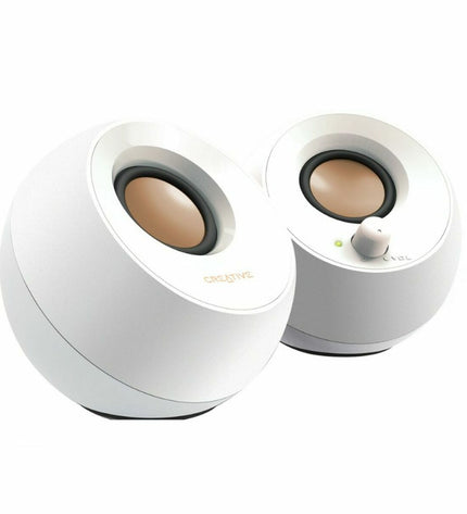 Creative Technology Pebble speakers, compact desktop audio speakers with a minimalist design and sleek black finish.