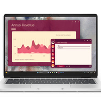 Dell 14-inch laptop with 16GB RAM and 512GB SSD, featuring a Qwerty Spanish keyboard and sleek design.