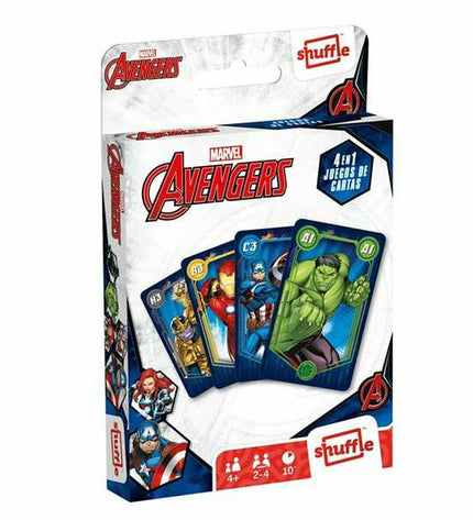 Fournier Avengers card game featuring colorful superhero-themed playing cards laid out on a table.