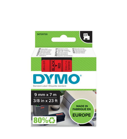Set of 5 Dymo D1 thermal transfer labels in black and red, 7 meters each, for office and writing supplies.