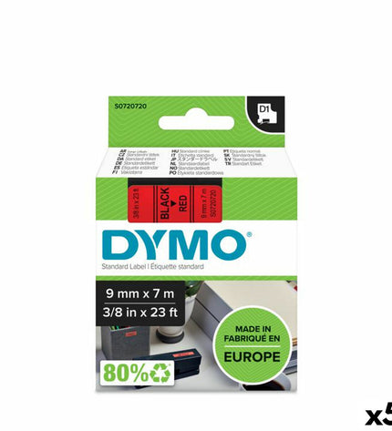 Dymo D1 thermal transfer ribbon in black and red, 7 meters long, for office and electronic use, shown in packaging with five rolls.