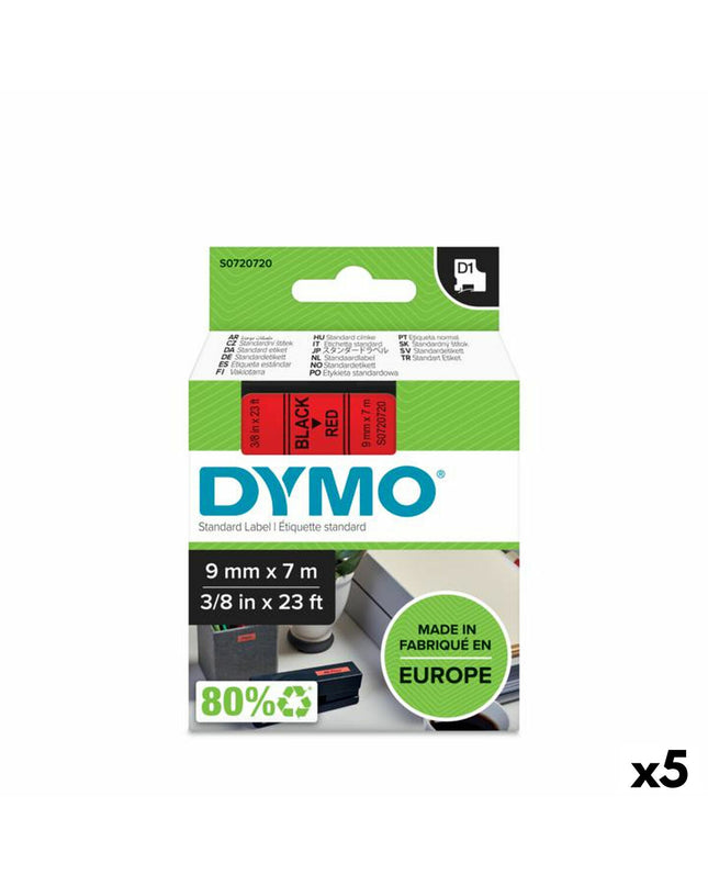 Dymo D1 thermal transfer ribbon in black and red, 7 meters long, for office and electronic use, shown in packaging with five rolls.