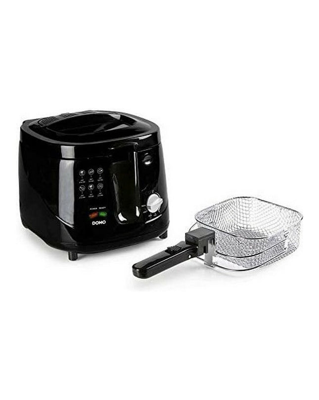 Black DOMO DO461FR deep fryer with 1800W power and 2.5L capacity, shown with basket and control panel.