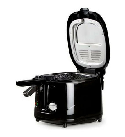 Black DOMO DO461FR deep fryer with 1800W power and 2.5L capacity, shown with basket and control panel.