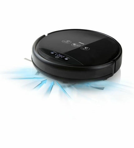 DOMO DO7293SN robot stofzuiger on a clean hardwood floor, showcasing its sleek design and compact size for home cleaning.