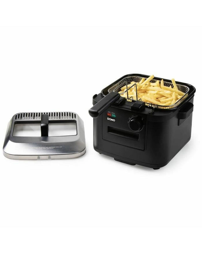 Domo small electric deep fryer for home cooking, with a compact design and stainless steel exterior.
