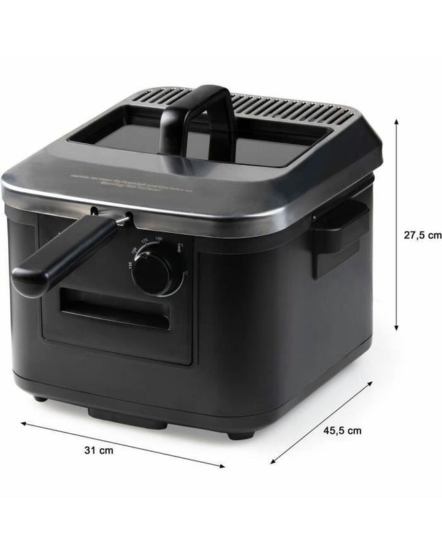 DOMO frituurmachine for home cooking, compact electric fryer with stainless steel exterior and digital controls.