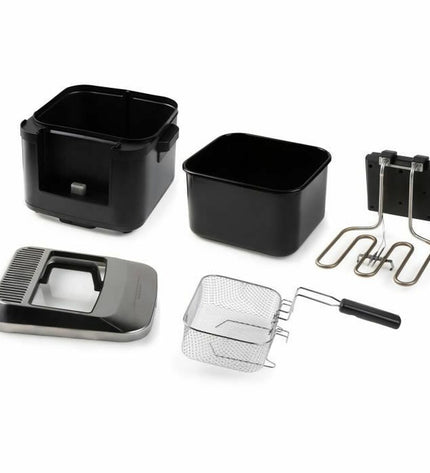 DOMO frituurmachine for home use, compact electric kitchen appliance with digital controls and stainless steel finish.