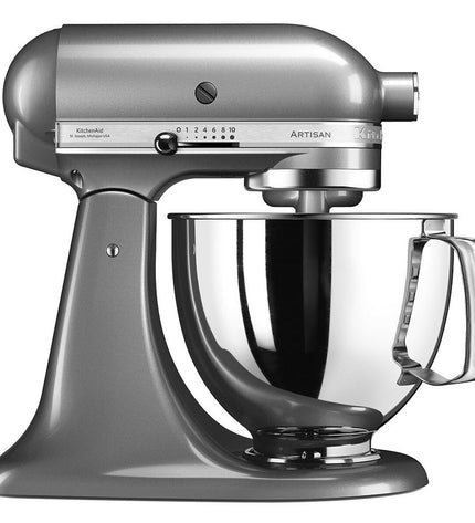 KitchenAid 5KSM125ECU silver food processor with 300W motor and 4.8L capacity, compact electric kitchen appliance for cooking.