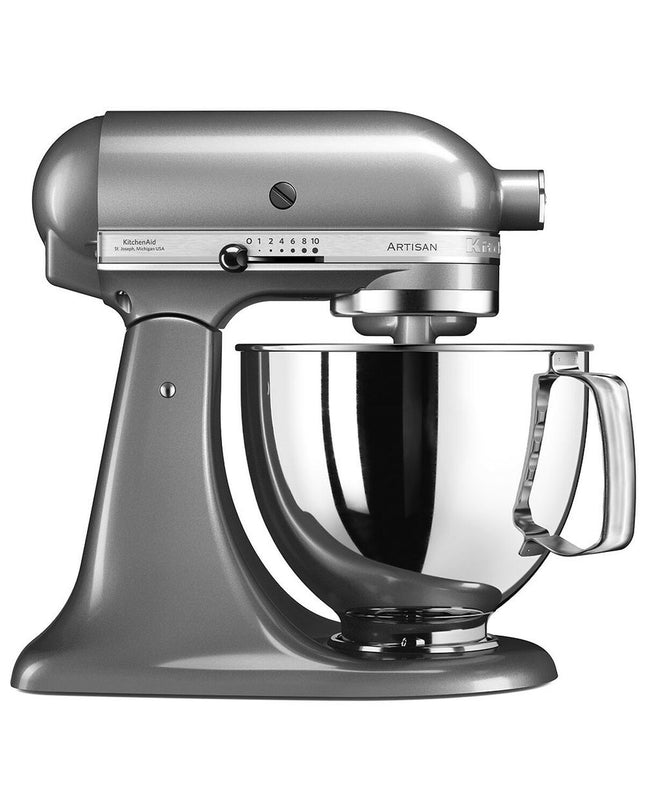 KitchenAid 5KSM125ECU silver food processor with 300W motor and 4.8L capacity, compact electric kitchen appliance for cooking.