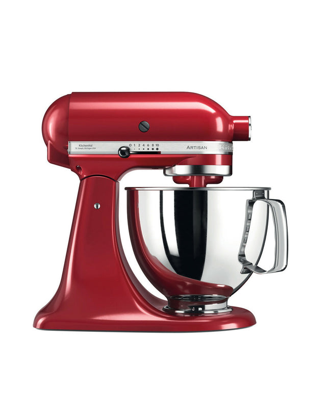 KitchenAid 5KSM125EER red food processor with 4.8L capacity and 300W motor, ideal for home cooking and small electric appliances.