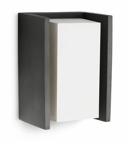 Philips outdoor garden wall lamp in anthracite aluminum with 15W E27 warm white LED lighting, modern exterior decor.