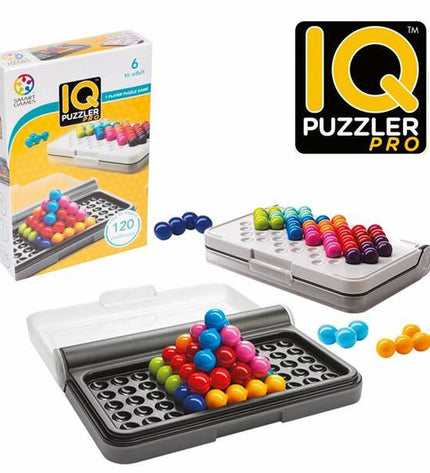 Lúdilo IQ Puzzler Pro educational game with colorful wooden puzzle pieces and brain-teasing challenges for children.