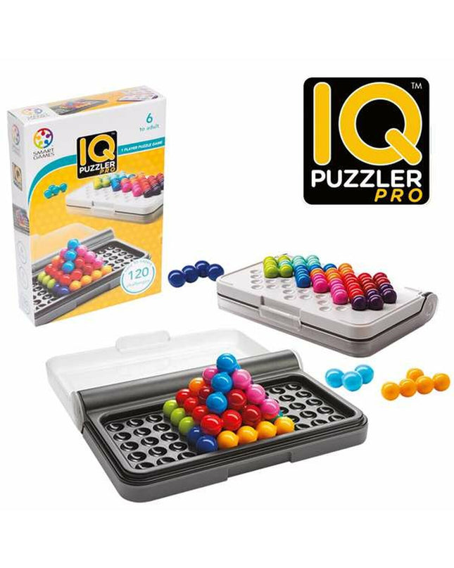 Lúdilo IQ Puzzler Pro educational game with colorful wooden puzzle pieces and brain-teasing challenges for children.