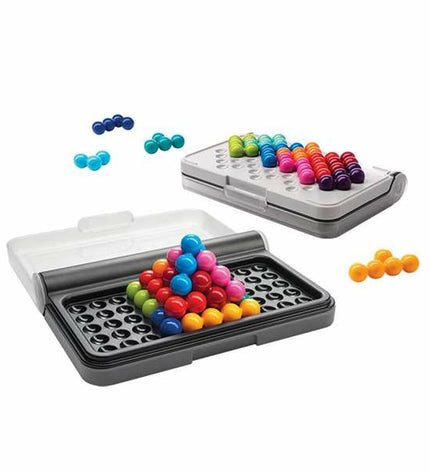 Lúdilo IQ Puzzler Pro educational game with colorful geometric puzzle pieces and game components on a white background.