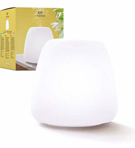 Pranarôm Joy ultrasonic essential oil diffuser with glass body and LED light, suitable for home and kitchen use.