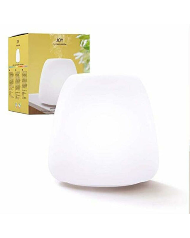 Pranarôm Joy ultrasonic essential oil diffuser with glass body and LED light, suitable for home and kitchen use.