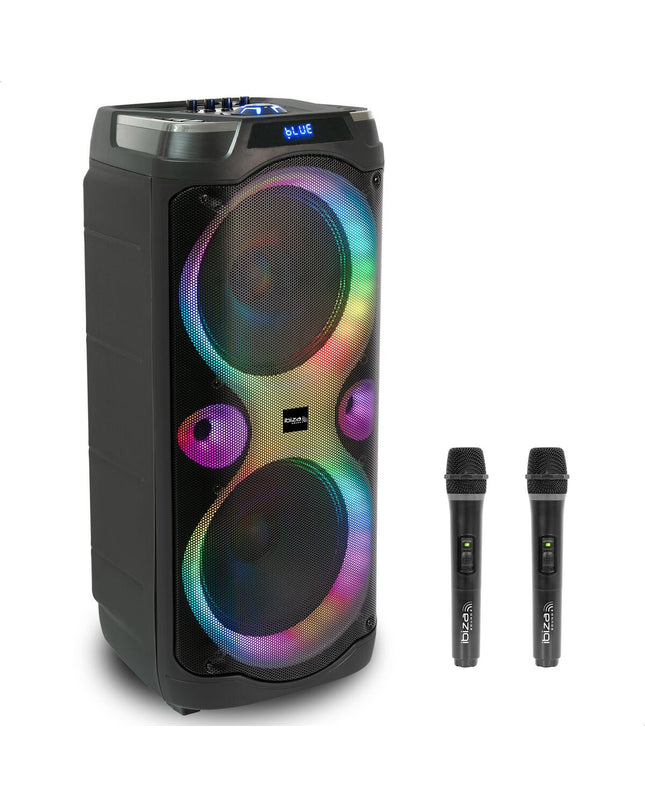 Ibiza Columba karaoke speakers in black, compact audio equipment with built-in controls for high-quality sound and karaoke use.