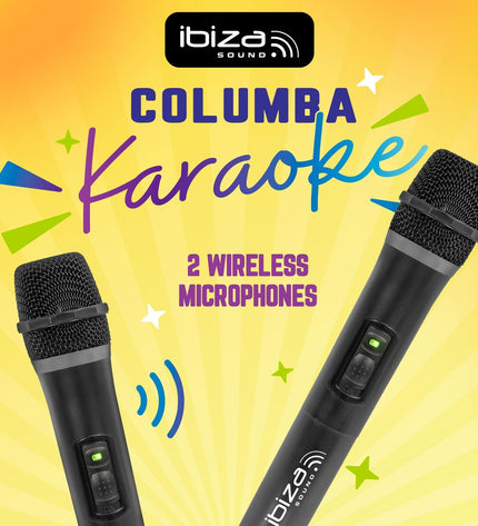 Ibiza Columba karaoke speakers in black, with sleek design and audio controls visible, ideal for karaoke and home audio setups.