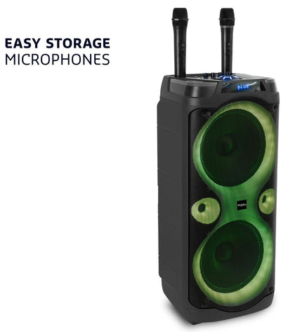 Ibiza Columba karaoke speakers in black with control panel, part of audio and hi-fi equipment, showing speaker grille and connection ports.