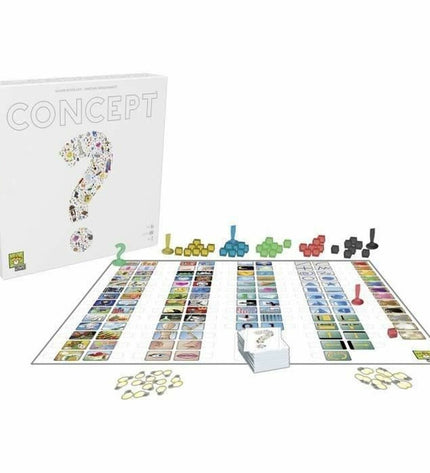 Asmodee Concept board game with colorful images and tokens, designed for fun and strategic play.