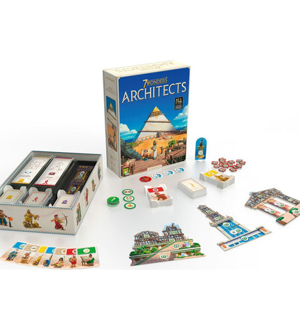 Asmodee 7 Wonders: Architects board game with colorful game pieces and cards, designed for strategic family play.